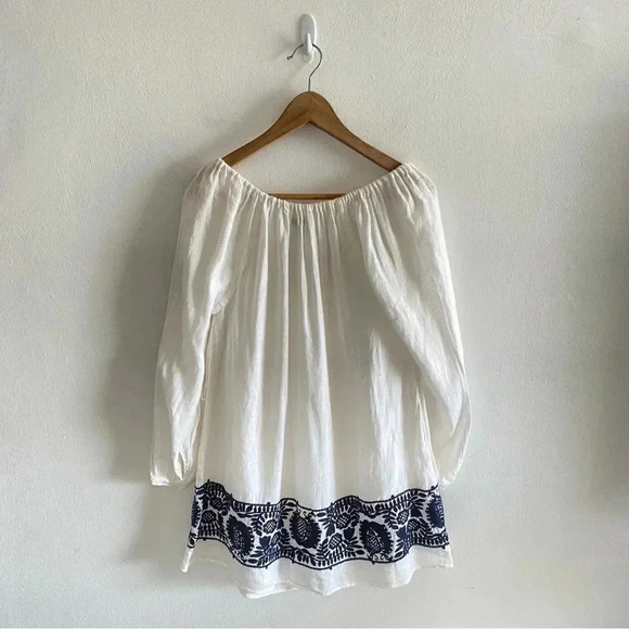 J.CREW Kaftan Blue Embroidered Linen Dress Beach Cover Up Size XXS Long Sleeve - Picture 5 of 9